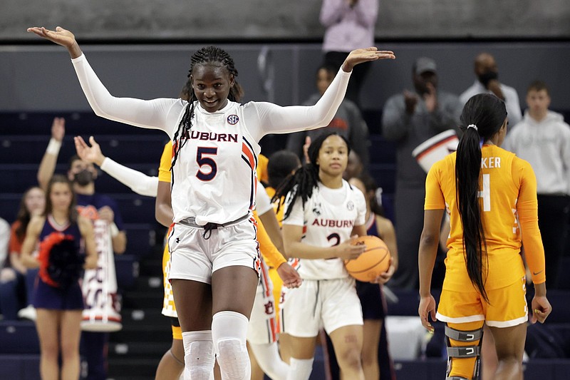 Auburn’s Aicha Coulibaly celebrates during the Tigers’ victory over No. 4 Tennessee on Thursday night in Auburn, Ala.
(AP/Butch Dill)