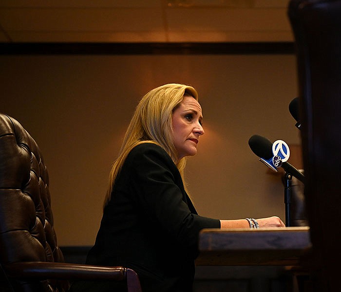 Arkansas Attorney General Leslie Rutledge is shown during a press conference in Little Rock in this March 15, 2021, file photo. (Arkansas Democrat-Gazette/Stephen Swofford)