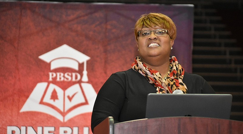 Pine Bluff School District Superintendent Barbara Warren addresses patrons during her annual report to the public at the Pine Bluff High School McFadden Gymnasium on Thursday, Jan. 27, 2022. (Pine Bluff Commercial/I.C. Murrell)