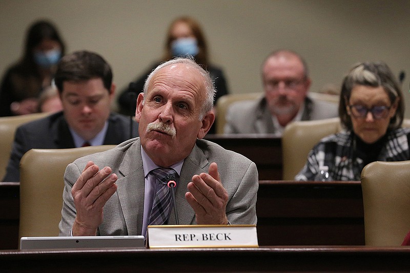 Rep. Rick Beck asks a question during the Arkansas Legislative Council meeting Friday during which lawmakers approved requests from three state agencies to implement covid-19 vaccination requirements for employees in facilities that receive Medicare and Medicaid funding.
(Arkansas Democrat-Gazette/Thomas Metthe)