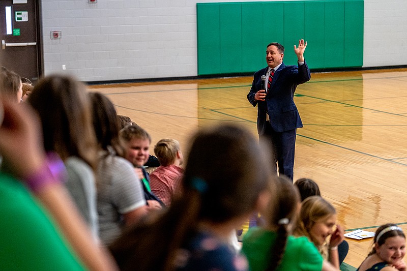 Missouri Secretary of State Jay Ashcroft tells fifth-graders they’re the future leaders of the state Friday at Blair Oaks Intermediate School in Wardsville. (Ethan Weston/News Tribune)