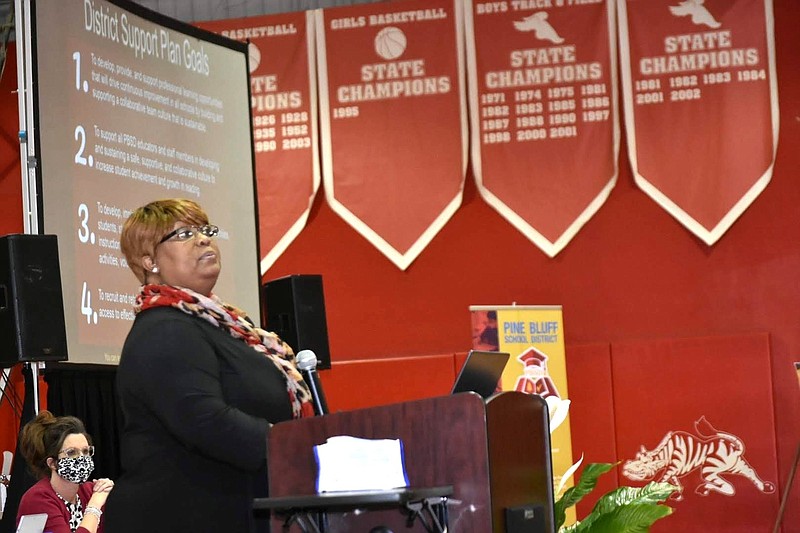 Pine Bluff School District Superintendent Barbara Warren outlines plans for a district support plan Thursday during its annual report to the public at McFadden Gymnasium. 
(Pine Bluff Commercial/I.C. Murrell)