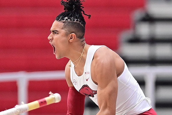 Arkansas' Ayden Owens competes in the heptathlon during the Razorback Invitational on Saturday, Jan. 29, 2022, in Fayetteville.