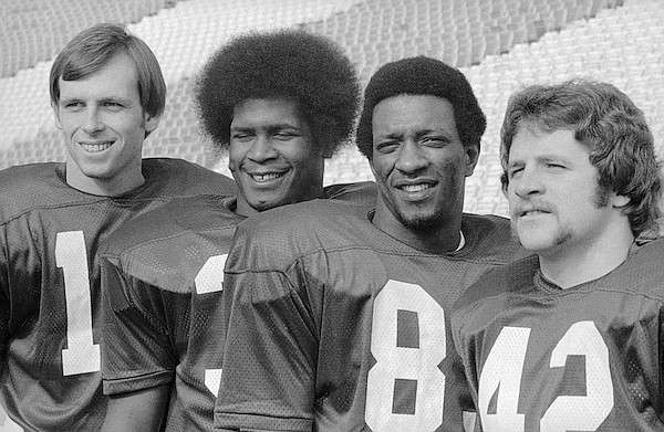 From left: Arkansas quarterback Scott Bull and running backs Michael Forrest, Ike Forte and Rolland Fuchs are shown prior to the 1976 Cotton Bowl in Dallas. (AP Photo)