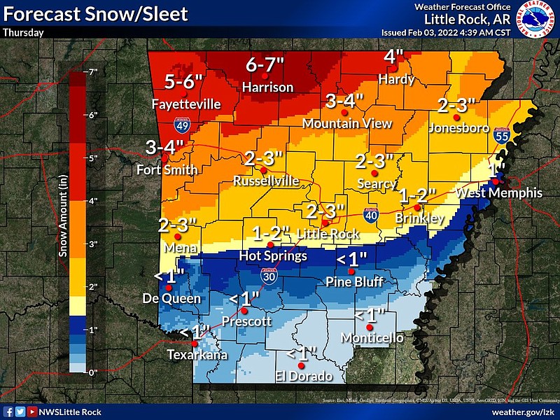 As much as 3 inches of snow and sleet is expected in Little Rock on Thursday, according to this National Weather Service graphic.