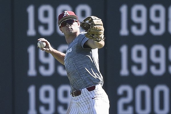 Arkansas center fielder Braydon Webb is shown during a scrimmage Thursday, Sept. 23, 2021, in Fayetteville.