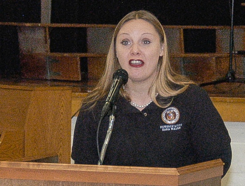 In this November 2017 photo, state Rep. Sarah Walsh speaks at an assembly in Jamestown, Mo. (California Democrat file photo)