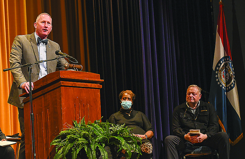 Lincoln University President John Moseley delivered a testimonial as to the purpose and place of LU in 2022 and the importance of what the university can do for its students and their communities. Moseley spoke at a prayer vigil held in Mitchell Auditorium Wednesday, Feb. 9, 2022. Seated at right is Pastor Greg White of Southridge Church and middle is Belinda Woodard, associate pastor at Oak Chapel Baptist Church. (Julie Smith/News Tribune photo)