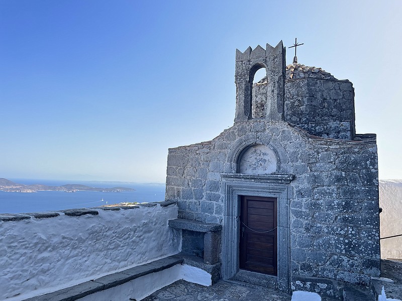 A chapel near the entrance to St. John the Theologian Monastery in Patmos, Greece that overlooks the sea. Sept. 22, 2021.