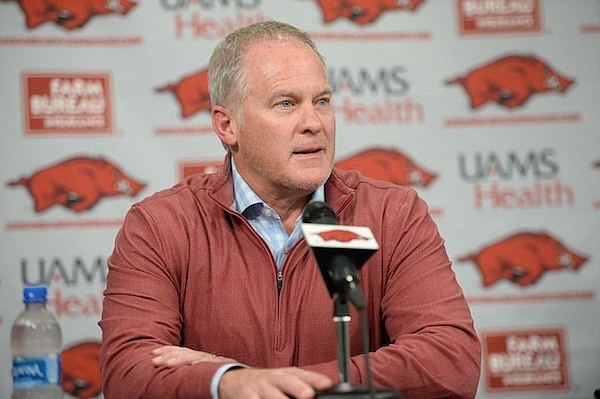 Arkansas athletics director Hunter Yurachek is shown during a news conference Tuesday, Nov. 2, 2021, in Fayetteville.
