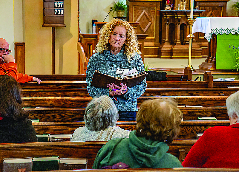 Debbie Kolb facilitates a small group discernment discussion Saturday, Feb. 12, 2022, at Immaculate Conception Catholic Church in Jefferson City during the Diocese Listening Session.  (Ken Barnes/News Tribune)