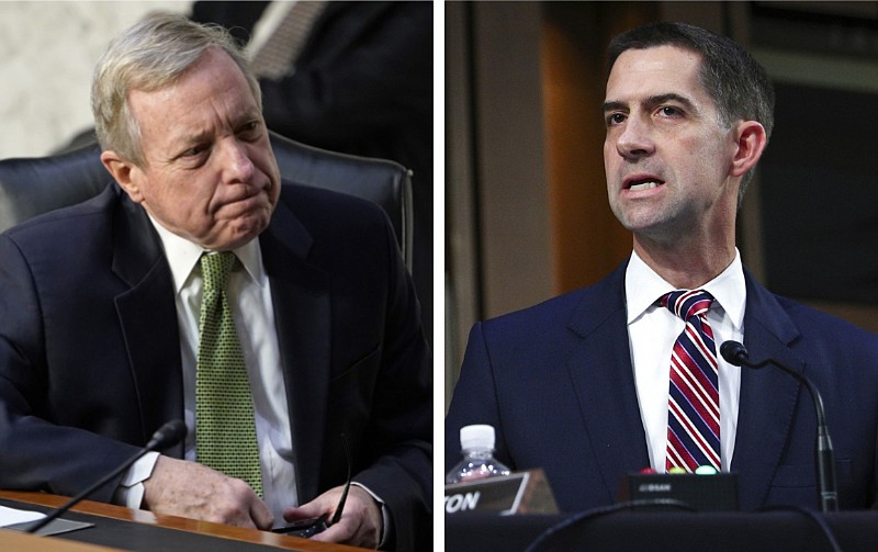 Senate Judiciary Committee Chairman Dick Durbin (left), D-Ill., and U.S. Sen. Tom Cotton, R-Ark., are shown during meetings of the Senate Judiciary Committee on Capitol Hill in Washington in these undated file photos. (Left, AP/Susan Walsh; right, Tom Brenner/Pool via AP)