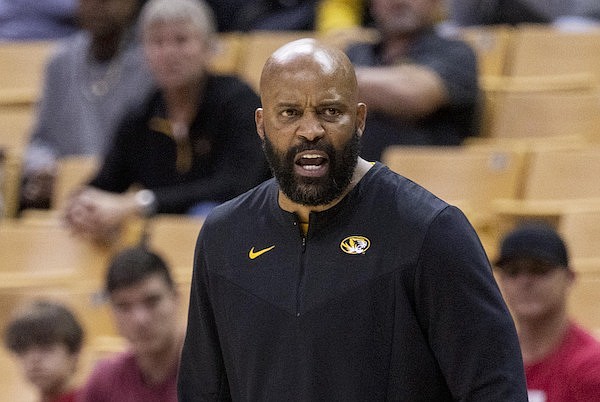 Missouri coach Cuonzo Martin talks to the team during the second half of an NCAA college basketball game against Arkansas on Tuesday, Feb. 15, 2022, in Columbia, Mo. Arkansas won 76-57. (AP Photo/L.G. Patterson)