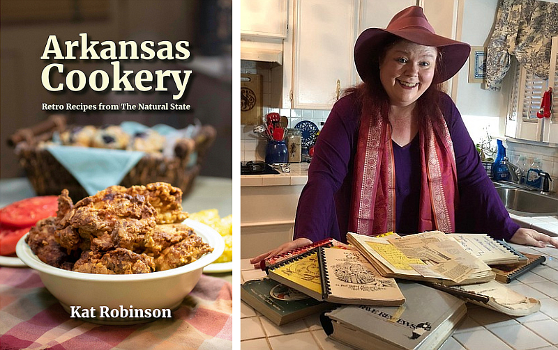Author Kat Robinson with some of the cookbooks she used for recipes in her new book, “Arkansas Cookery: Retro Recipes from The Natural State.” (Arkansas Democrat-Gazette/Sean Clancy)