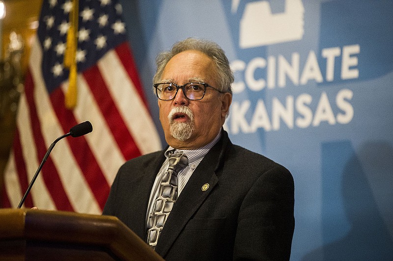 Dr. Jose Romero addresses the media during a weekly press conference on Arkansas' response to COVID-19 on Tuesday, Jan. 25, 2022. 
(Arkansas Democrat-Gazette/Stephen Swofford)