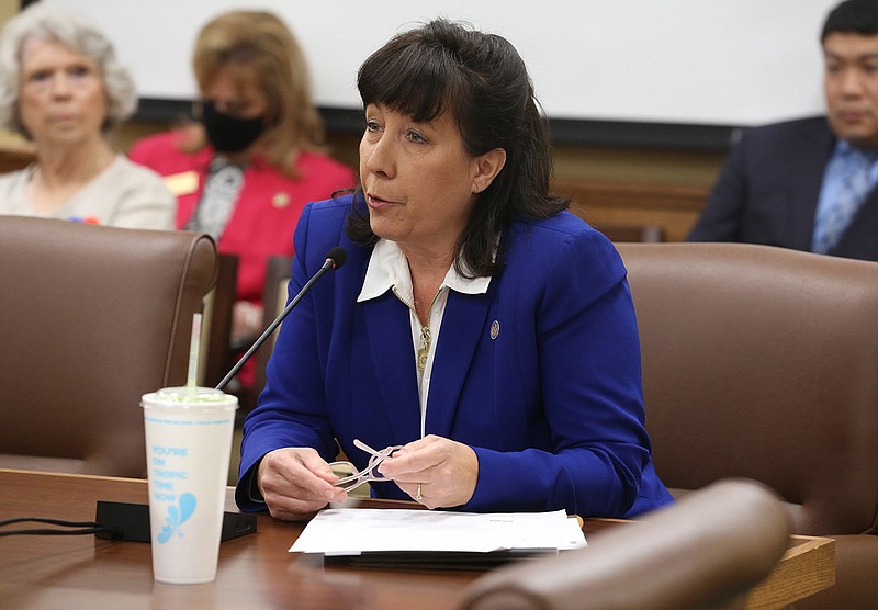 Rep. Mary Bentley, R-Perryville, presents HB1749, which would require public school employees to address students only by the name and sex designated on the student's birth certificate, during the House education committee on Tuesday, April 6, 2021, at the state Capitol in Little Rock. .(Arkansas Democrat-Gazette/Thomas Metthe)
