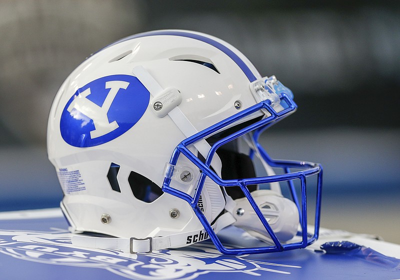 BYU football helmet during the game against Western Michigan in the second half of the Famous Idaho Potato Bowl an NCAA college football game, Friday, Dec. 21, 2018, in Boise, Idaho. BYU won 49-18. (AP Photo/Steve Conner)