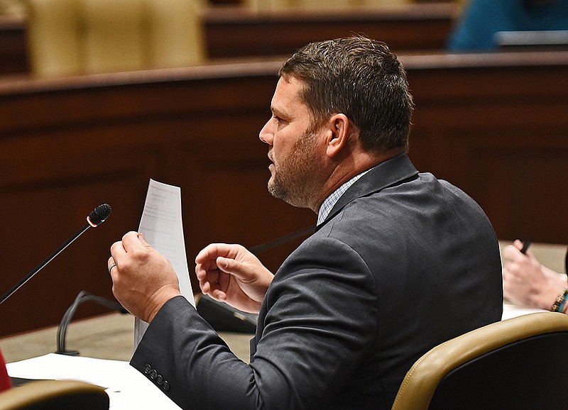 Sen. Bart Hester, R-Cave Springs, talks about Senate procedures during the Senate Efficiency Committee meeting Wednesday, Feb. 16, 2022, at the Multi-Agency Complex at the state Capitol. (Arkansas Democrat-Gazette/Staci Vandagriff)