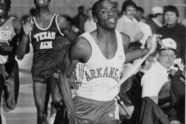 Arkansas sprinter Roddie Haley is shown during the 1985 SWC Indoor Championships in Fort Worth, Texas.