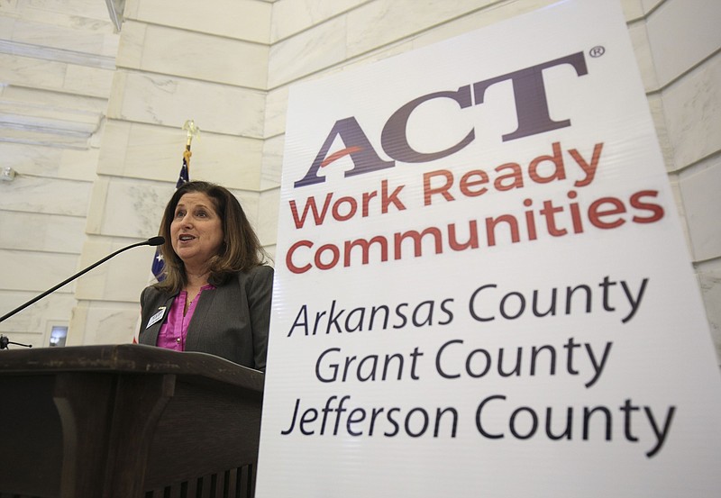 Lou Ann Nisbett, president/CEO of the Economic Development Alliance of Jefferson County, speaks during an April 2018 press conference at the state Capitol in Little Rock to recognize Arkansas, Grant, and Jefferson counties as ACT Work Readiness communities. (Arkansas Democrat-Gazette/Staton Breidenthal)