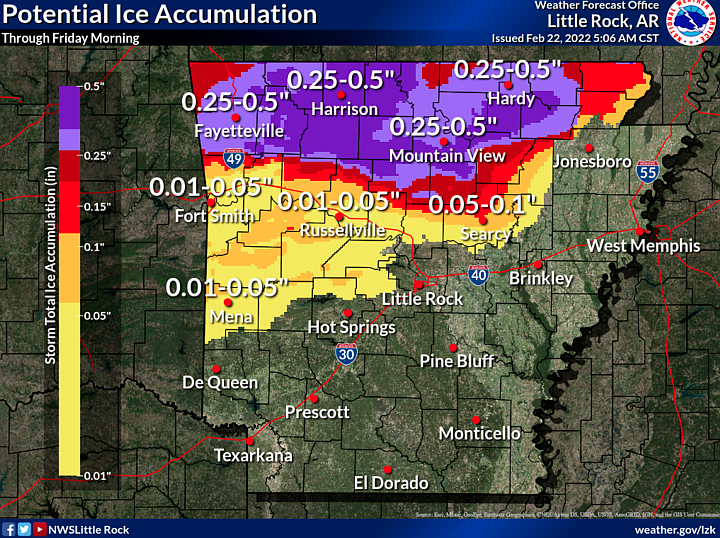 This National Weather Service graphic shows ice accumulation is expected across much of the northwestern quarter of Arkansas through Friday morning.
