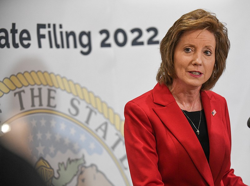 U.S. 4th Congressional District Congresswoman Vicky Hartzler addresses media Tuesday, Feb. 22, 2022, after filing the necessary paperwork with the Missouri Secretary of State’s office to run for the U.S. Senate seat being vacated by Roy Blunt. (Julie Smith/News Tribune photo)