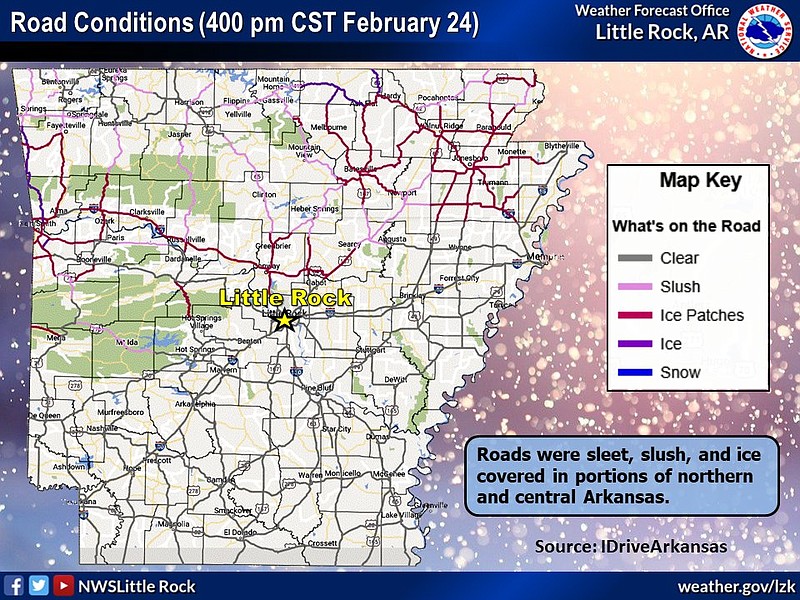 A map from the Arkansas Department of Transportation and the National Weather Service office in Little Rock shows sleet, slush and ice on roads Thursday afternoon.