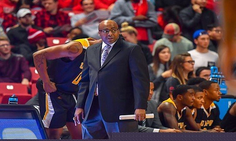 Then UAPB men's basketball Coach George Ivory walks the sideline during a Dec. 5, 2018, game at Texas Tech in Lubbock, Texas. 
(UAPB Sports Information)