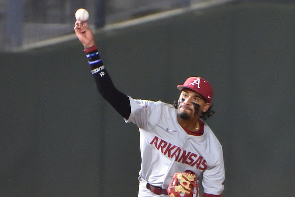 Arkansas shortstop Jalen Battles throws during a game against Louisiana-Lafayette on Sunday, Feb. 27, 2022, in Round Rock, Texas.