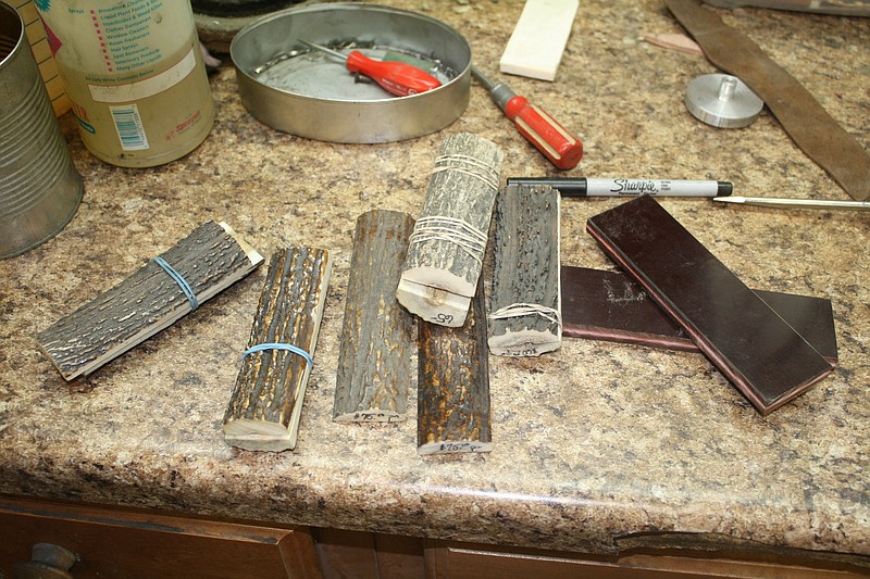 Knifemakers create handles from a variety of materials, including deer antler, cow horn and Micarta.
(Arkansas Democrat-Gazette/Bryan Hendricks)