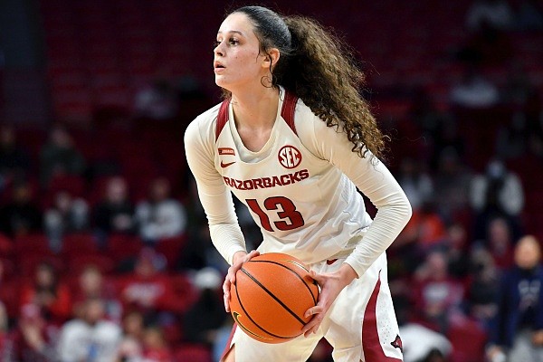 Arkansas guard Sasha Goforth shoots against South Carolina during the first half of an NCAA college basketball game Sunday, Jan. 16, 2022, in Fayetteville, Ark. (AP Photo/Michael Woods)