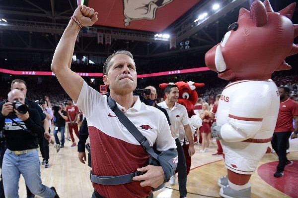 Arkansas coach Eric Musselman celebrates Saturday, Feb. 26, 2022, after the Razorbacks 75-73 win over Kentucky in Bud Walton Arena in Fayetteville. Visit nwaonline.com/220227Daily/ for the photo gallery.