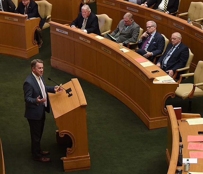 State Rep. Carlton Wing speaks for House Bill 1031 on Wednesday after its third reading in the chamber. More photos at arkansasonline.com/33ledge/.
(Arkansas Democrat-Gazette/Staci Vandagriff)