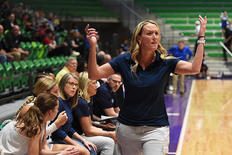Springdale Har-Ber’s Coach Kimberly Jenkins reacts to a referee’s call during a game against Bryant. (Arkansas Democrat-Gazette/Staci Vandagriff)
