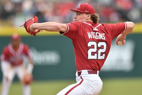Arkansas stater Jaxon Wiggins delivers to the plate Saturday, March 5, 2022, during the third inning in the second game against Southeastern Louisiana at Baum-Walker Stadium in Fayetteville. Arkansas stater Jaxon Wiggins delivers to the plate Saturday, March 5, 2022, during the third inning in the second game against Southeastern Louisiana at Baum-Walker Stadium in Fayetteville.