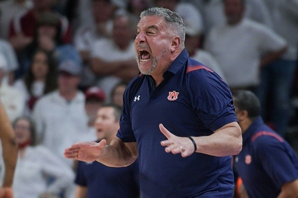 Bruce Pearl, head coach of Auburn, reacts on Tuesday, Feb. 8, 2022, during the first half against Arkansas at Bud Walton Arena in Fayetteville. Visit nwaonline.com/220210Daily/ for the photo gallery.