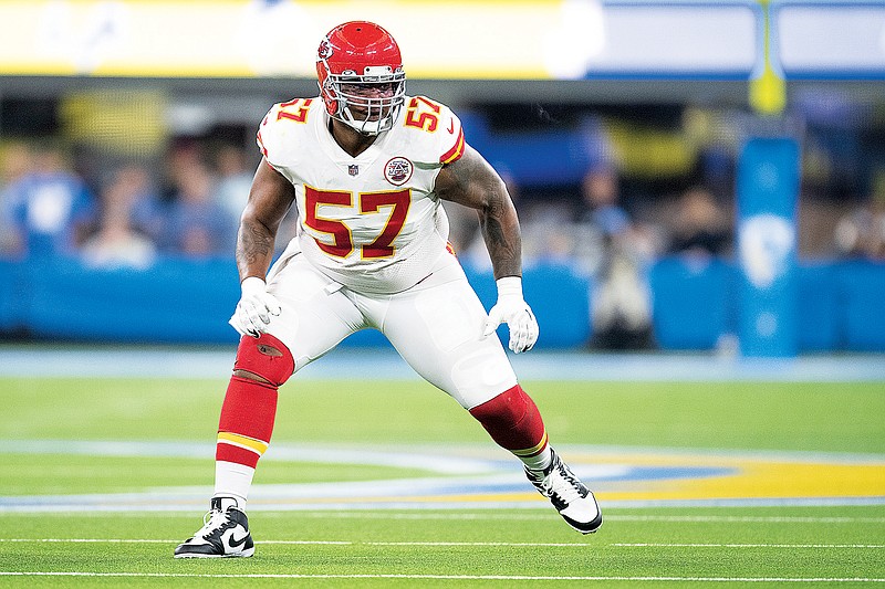 In this Dec. 16, 2021, file photo, Chiefs offensive tackle Orlando Brown takes his stance during a game against the Chargers in Inglewood, Calif. (Associated Press)