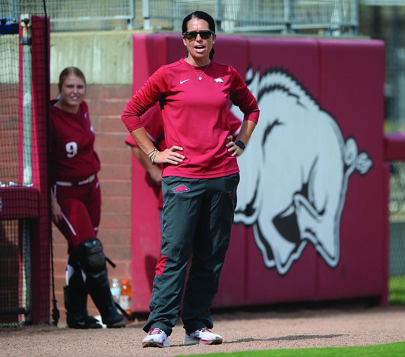 Arkansas coach Courtney Deifel directs her players Saturday, Oct. 9, 2021, during play against Butler Community College at Bogle Park in Fayetteville. Visit nwaonline.com/211010Daily/ for today's photo gallery..(NWA Democrat-Gazette/Andy Shupe)