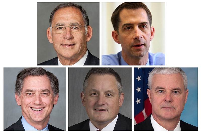 Five members of Arkansas' congressional delegation are shown in these file photos. Top row, from left: U.S. Sens. John Boozman and Tom Cotton. Bottom row, from left: U.S. Reps. French Hill, Bruce Westerman and Steve Womack. Not shown is U.S. Rep. Rick Crawford.