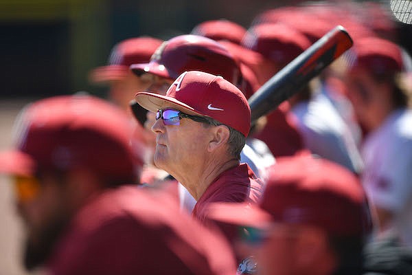 Arkansas coach Dave Van Horn watches during a game against Illinois-Chicago on Thursday, March 10, 2022, in Fayetteville.