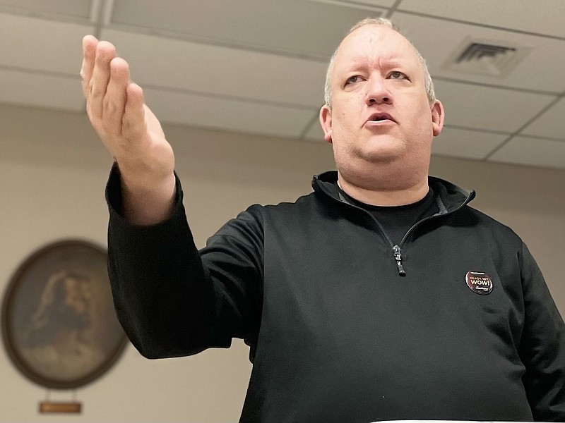 Pastor Ronald Bacic of First Lutheran Church in Little Rock delivers a speech during last Saturday’s meeting of Kingdom Toastmasters. The club meets in the church’s fellowship hall; Bacic is one of its charter members.
(Arkansas Democrat-Gazette/Frank E. Lockwood)
