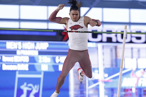 Arkansas heptathlete Ayden Owens competes in the pole vault during the NCAA Indoor Track and Field Championships on Saturday, March 12, 2022, in Birmingham, Ala.