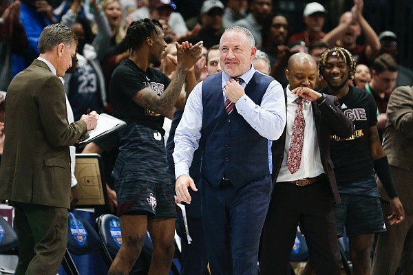 Texas A&M head coach Buzz Williams reacts, Saturday, March 12, 2021 during the second half of Arkansas's 82-64 loss against Texas A&M in the SEC tournament semifinal at Amalie Arena in Tampa, Fla. Check out nwaonline.com/220313Daily/ and nwadg.com/photos for the photo gallery.