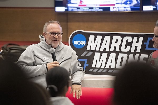 Arkansas women's basketball coach Mike Neighbors is shown during an NCAA Tournament selection show watch party Sunday, March 13, 2022, in Fayetteville.
