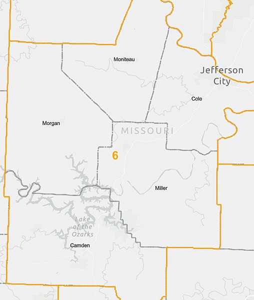 An interactive Missouri Senate redistricting map online shows a proposed 6th District comprised of Camden, Cole, Miller, Moniteau and Morgan counties.