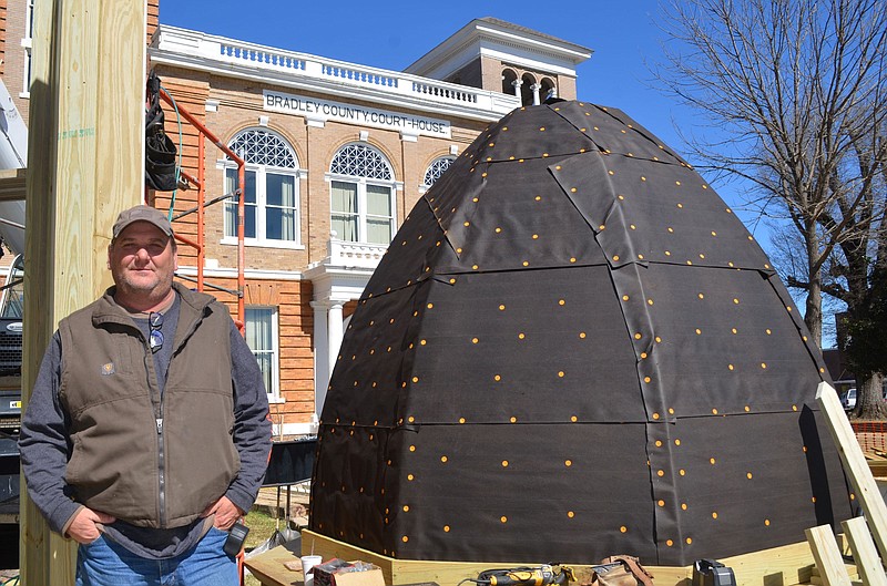 Repairs are being made to the Bradley County Courthouse dome. Job superintendent Will Martin, left, hopes to see the refurbished bell tower, cupola and dome reset atop the historic structure in March. 
(Special to The Commercial/Richard Ledbetter)