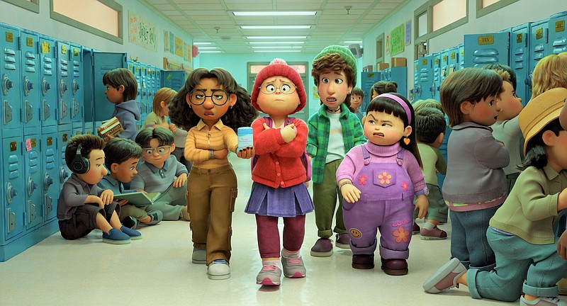 Priya (from left, voiced by Maitreyi Ramakrishnan), Mei Lee (voiced by Rosalie Chiang), Miriam (voiced by Ava Morse) and Abby (voiced by Hyein Park) walk the halls of their middle school in a scene from “Turning Red,” which was released on Disney+.