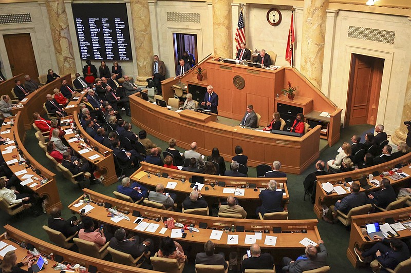 Gov. Asa Hutchinson speaks Feb. 14, 2022 at the state Capitol in Little Rock as he delivers his State of the State speech. (Arkansas Democrat-Gazette/Staton Breidenthal)