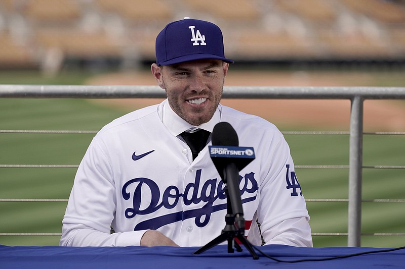 Freddie Freeman of the Los Angeles Dodgers speaks during an introductory news conference Friday in Glendale, Ariz. The five-time All-Star first baseman and 2020 National League Most Valuable Player signed a six-year deal with the Dodgers on Thursday after spending 12 seasons with the Atlanta Braves.
(AP/Charlie Riedel)