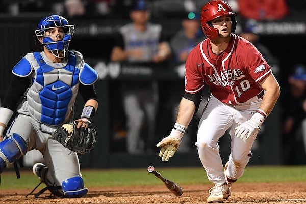 Arkansas first baseman Peyton Stovall (10) bats during a game against Kentucky on Saturday, March 19, 2022, in Fayetteville.